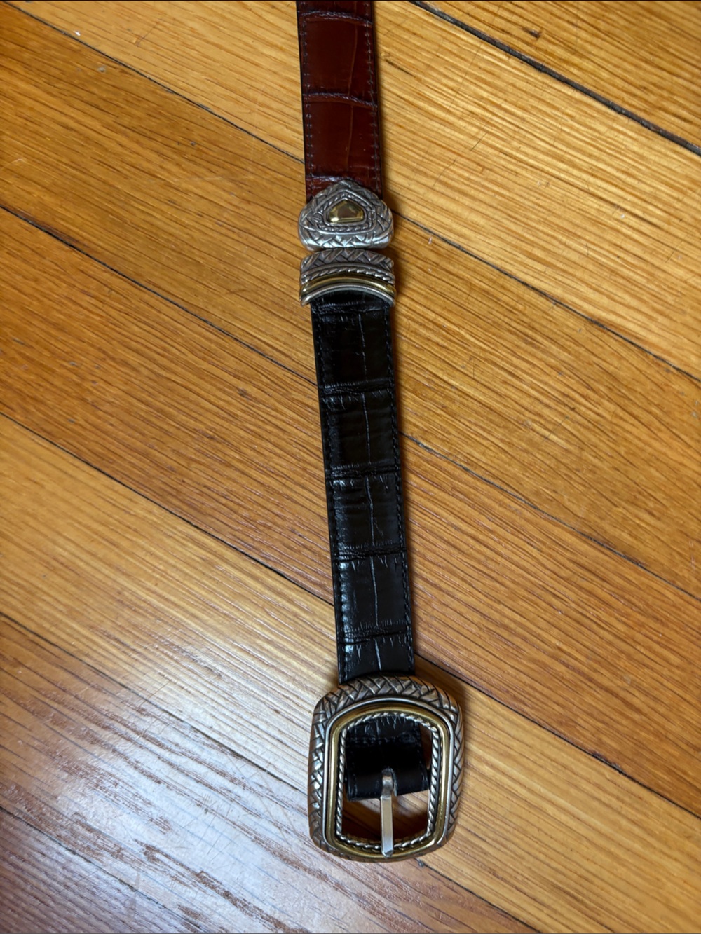 Brighton Two-Tone Leather Women’s Belt with Decorative Silver-Tone Buckle
